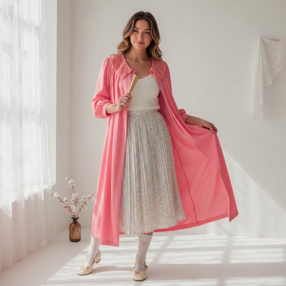 Artemis Vintage Pink Nylon Lace Collar Robe Duster Nightgown 34 M Coquette